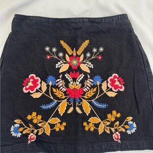 Topshop Black Denim Mini Skirt with Multicolor Floral Embroidery
